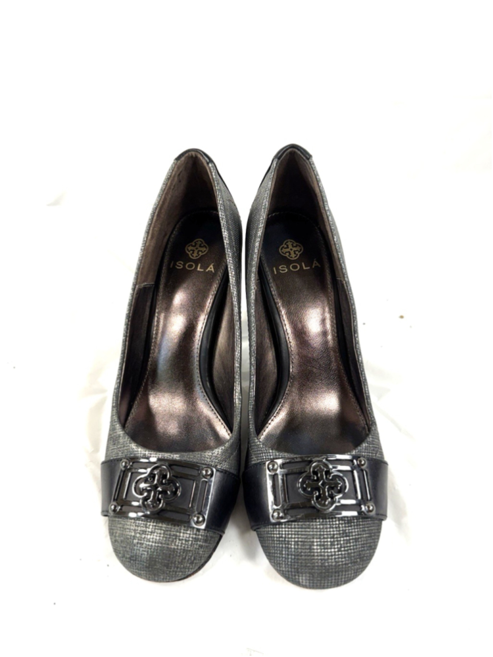 ISOLA RICCI II~ SILVER CINTOIA PRINTED & BLACK LEATHER PUMPS HEELS Sz 7